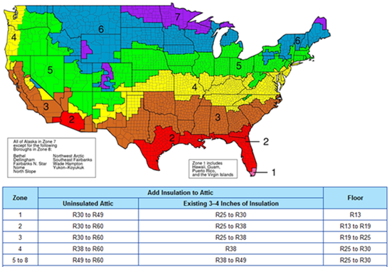 Insulation climate zones map of the U.S.