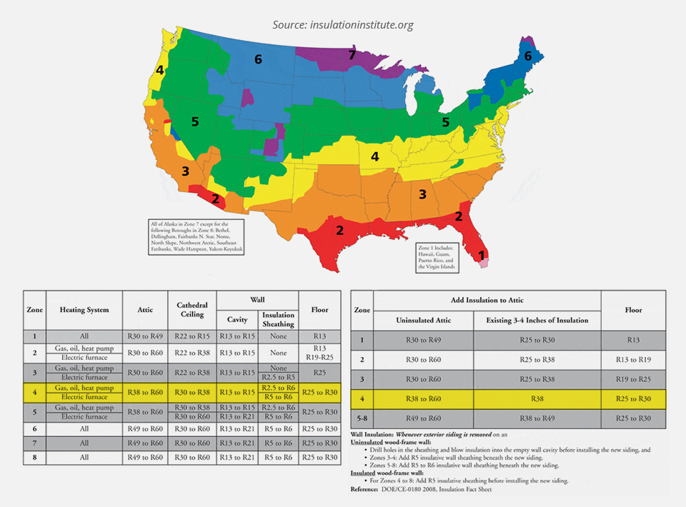 Color-coded map of U.S. showing R-value zones.